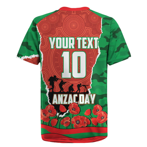 Personalized South Sydney Rabbitohs ANZAC Tribute Rugby Jersey Poppy Field Soldier Silhouette Aboriginal Rugby Mascot