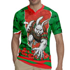 Personalized South Sydney Rabbitohs ANZAC Tribute Rugby Jersey Poppy Field Soldier Silhouette Aboriginal Rugby Mascot