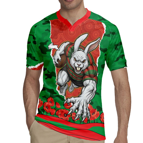 Personalized South Sydney Rabbitohs ANZAC Tribute Rugby Jersey Poppy Field Soldier Silhouette Aboriginal Rugby Mascot
