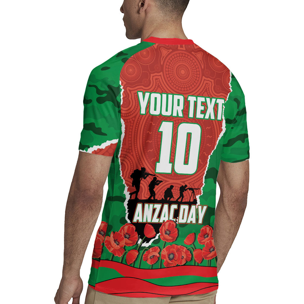 Personalized South Sydney Rabbitohs ANZAC Tribute Rugby Jersey Poppy Field Soldier Silhouette Aboriginal Rugby Mascot