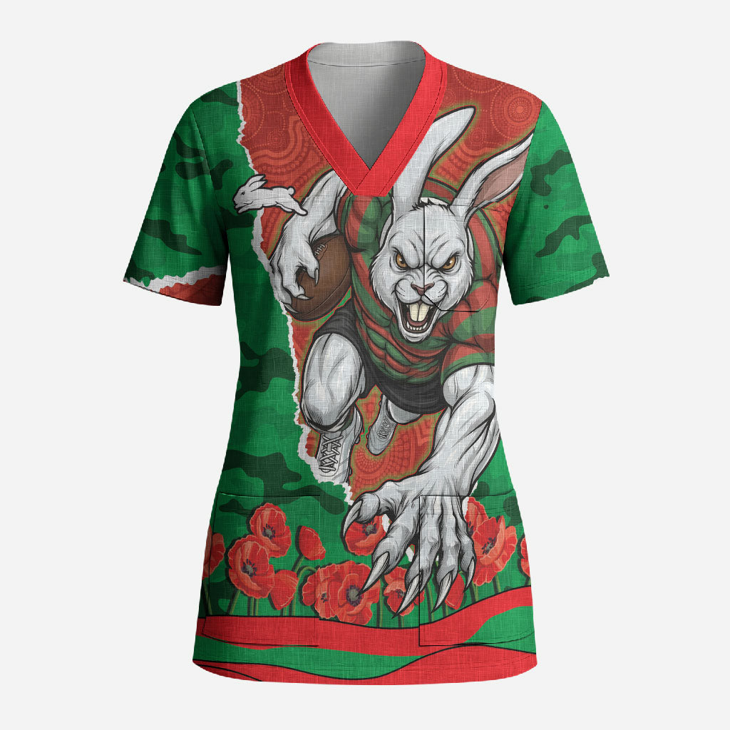 Personalized South Sydney Rabbitohs ANZAC Tribute Scrub Top Poppy Field Soldier Silhouette Aboriginal Rugby Mascot