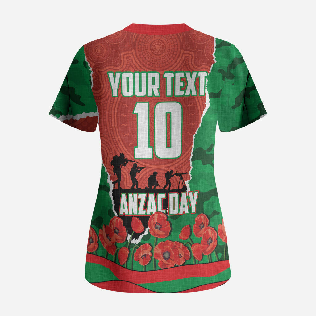 Personalized South Sydney Rabbitohs ANZAC Tribute Scrub Top Poppy Field Soldier Silhouette Aboriginal Rugby Mascot