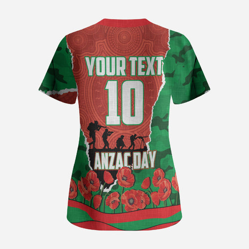 Personalized South Sydney Rabbitohs ANZAC Tribute Scrub Top Poppy Field Soldier Silhouette Aboriginal Rugby Mascot