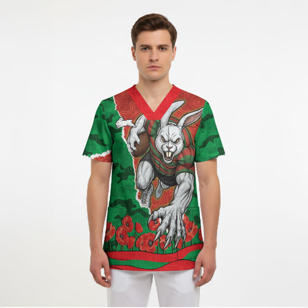 Personalized South Sydney Rabbitohs ANZAC Tribute Scrub Top Poppy Field Soldier Silhouette Aboriginal Rugby Mascot