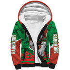 Personalized South Sydney Rabbitohs ANZAC Tribute Sherpa Hoodie Poppy Field Soldier Silhouette Aboriginal Rugby Mascot