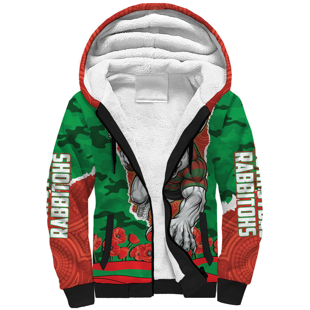 Personalized South Sydney Rabbitohs ANZAC Tribute Sherpa Hoodie Poppy Field Soldier Silhouette Aboriginal Rugby Mascot