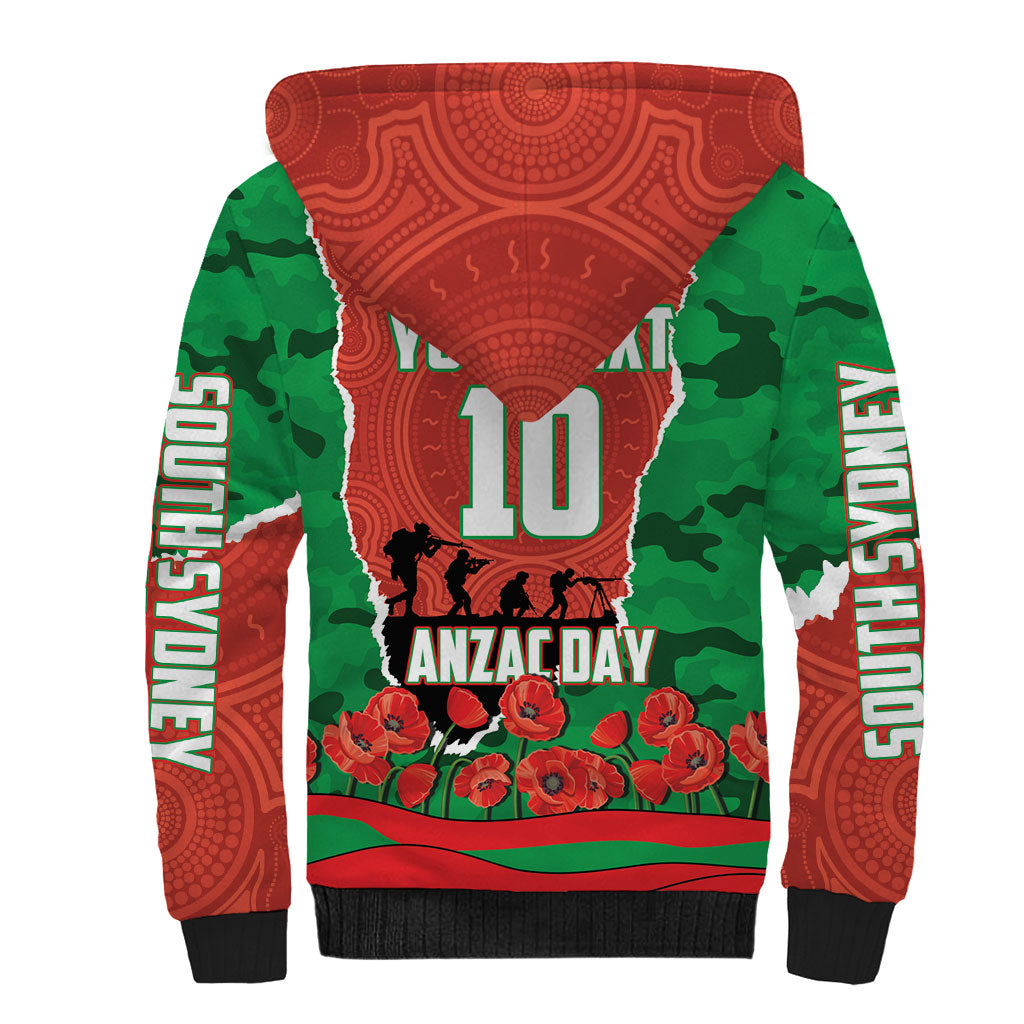 Personalized South Sydney Rabbitohs ANZAC Tribute Sherpa Hoodie Poppy Field Soldier Silhouette Aboriginal Rugby Mascot