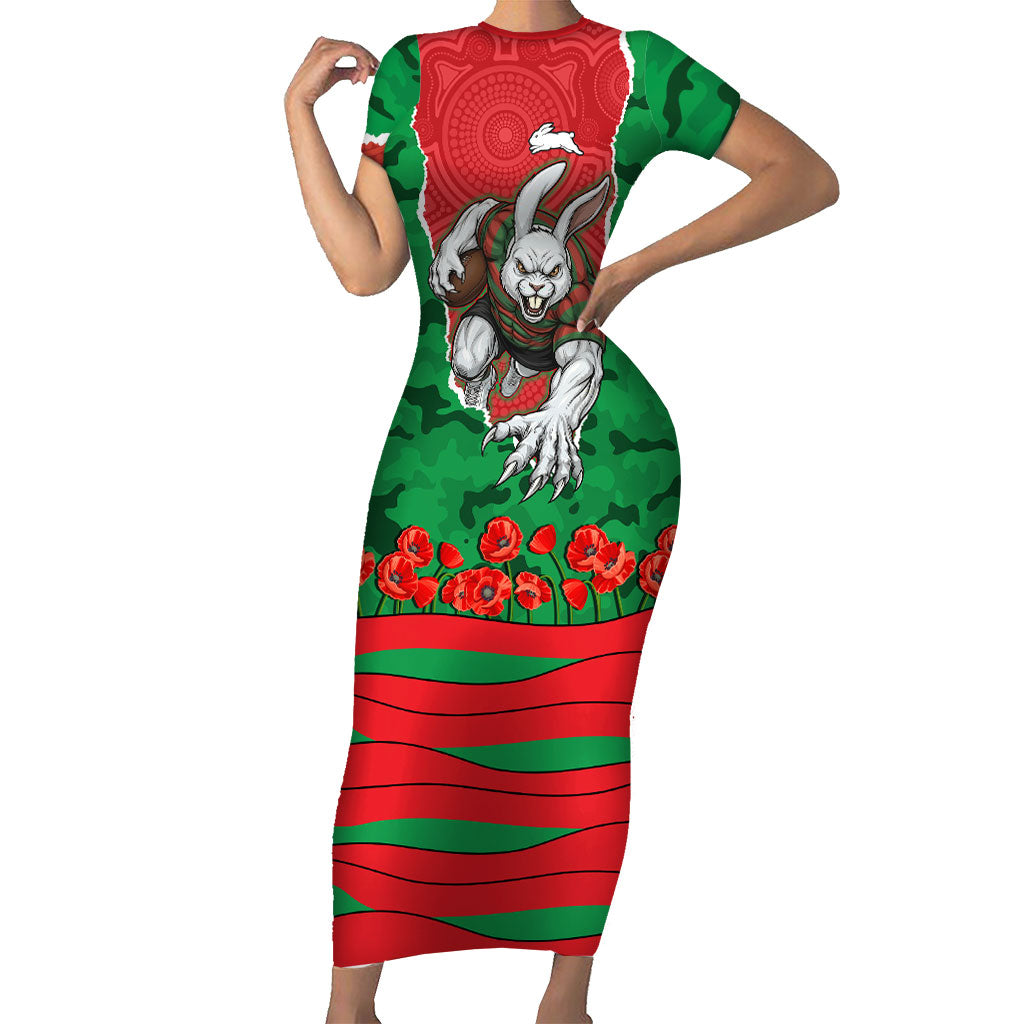 Personalized South Sydney Rabbitohs ANZAC Tribute Short Sleeve Bodycon Dress Poppy Field Soldier Silhouette Aboriginal Rugby Mascot