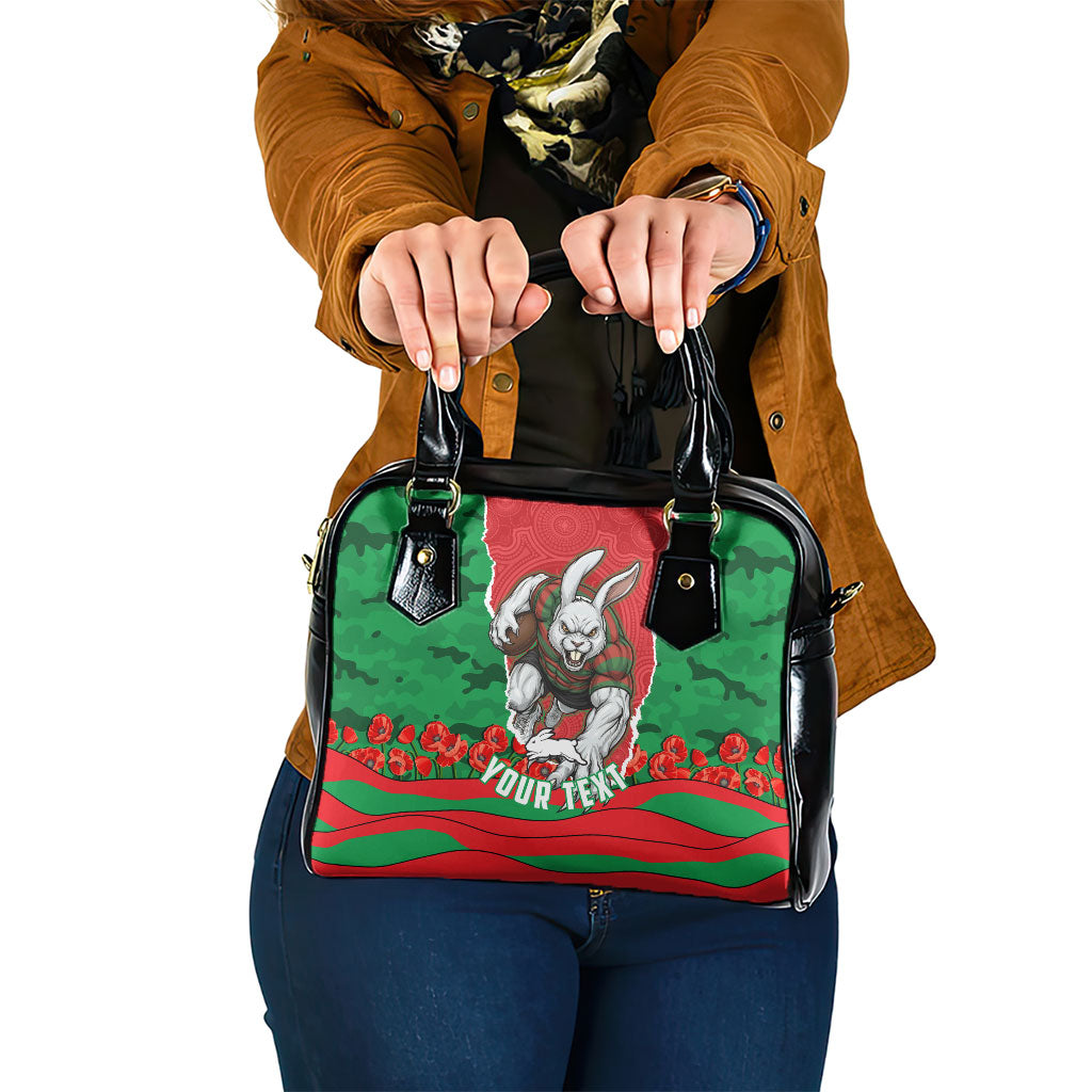 Personalized South Sydney Rabbitohs ANZAC Tribute Shoulder Handbag Poppy Field Soldier Silhouette Aboriginal Rugby Mascot