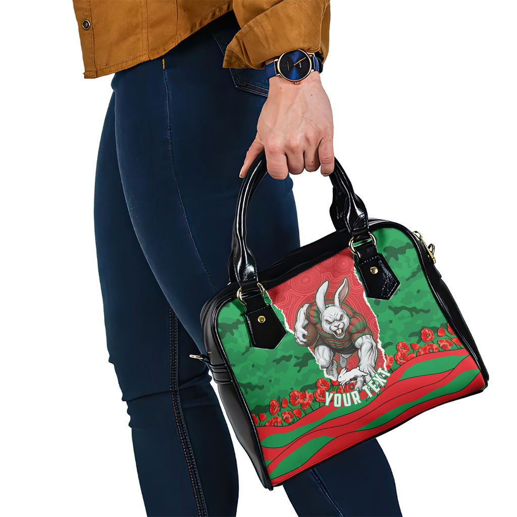 Personalized South Sydney Rabbitohs ANZAC Tribute Shoulder Handbag Poppy Field Soldier Silhouette Aboriginal Rugby Mascot