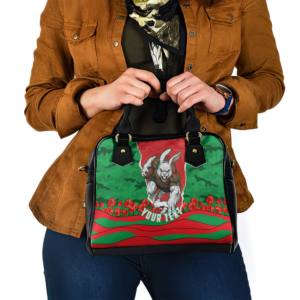 Personalized South Sydney Rabbitohs ANZAC Tribute Shoulder Handbag Poppy Field Soldier Silhouette Aboriginal Rugby Mascot