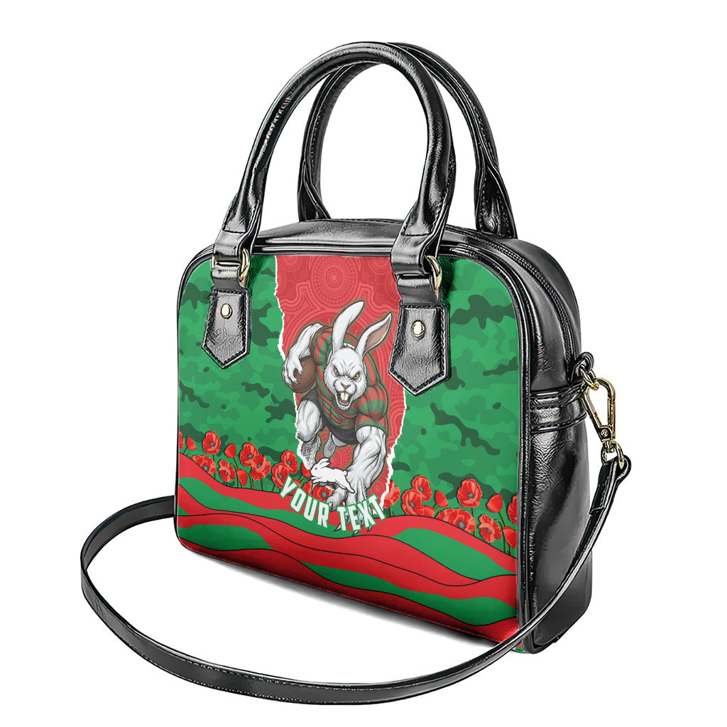 Personalized South Sydney Rabbitohs ANZAC Tribute Shoulder Handbag Poppy Field Soldier Silhouette Aboriginal Rugby Mascot