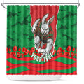 Personalized South Sydney Rabbitohs ANZAC Tribute Shower Curtain Poppy Field Soldier Silhouette Aboriginal Rugby Mascot