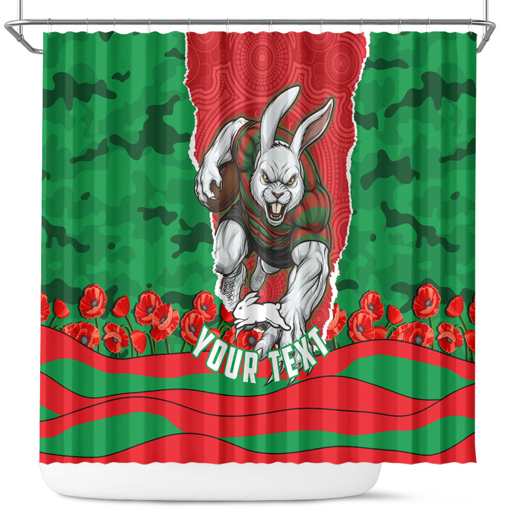 Personalized South Sydney Rabbitohs ANZAC Tribute Shower Curtain Poppy Field Soldier Silhouette Aboriginal Rugby Mascot