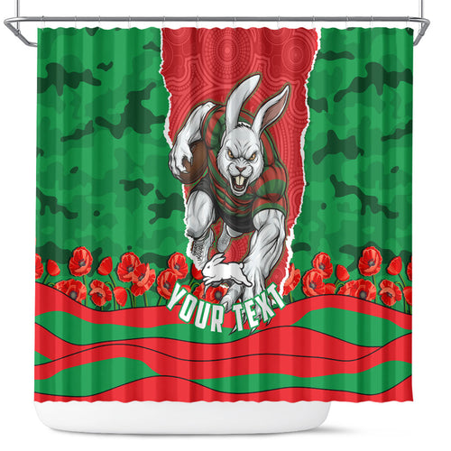Personalized South Sydney Rabbitohs ANZAC Tribute Shower Curtain Poppy Field Soldier Silhouette Aboriginal Rugby Mascot