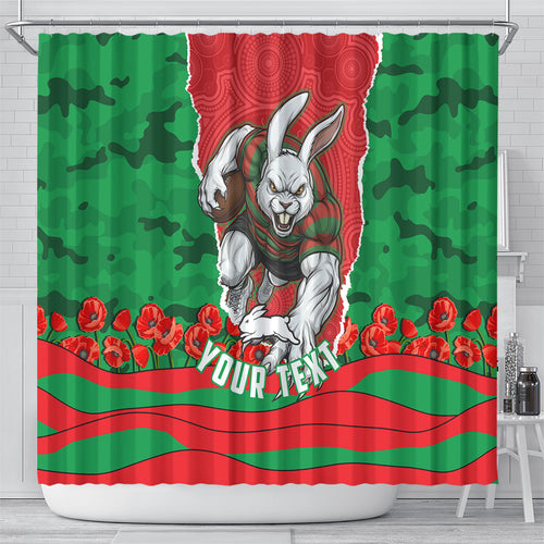 Personalized South Sydney Rabbitohs ANZAC Tribute Shower Curtain Poppy Field Soldier Silhouette Aboriginal Rugby Mascot