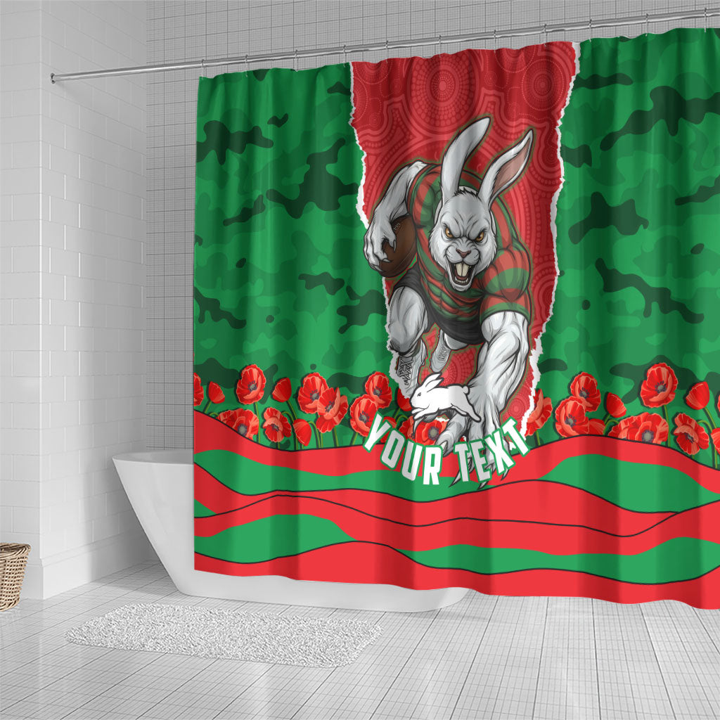 Personalized South Sydney Rabbitohs ANZAC Tribute Shower Curtain Poppy Field Soldier Silhouette Aboriginal Rugby Mascot