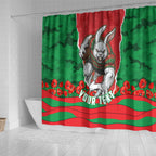 Personalized South Sydney Rabbitohs ANZAC Tribute Shower Curtain Poppy Field Soldier Silhouette Aboriginal Rugby Mascot