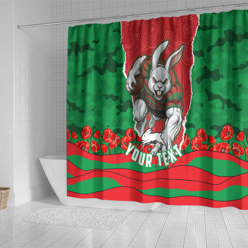 Personalized South Sydney Rabbitohs ANZAC Tribute Shower Curtain Poppy Field Soldier Silhouette Aboriginal Rugby Mascot