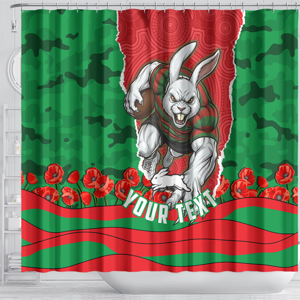 Personalized South Sydney Rabbitohs ANZAC Tribute Shower Curtain Poppy Field Soldier Silhouette Aboriginal Rugby Mascot
