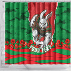 Personalized South Sydney Rabbitohs ANZAC Tribute Shower Curtain Poppy Field Soldier Silhouette Aboriginal Rugby Mascot