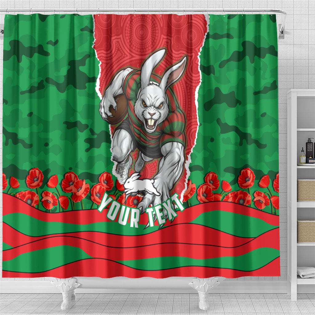 Personalized South Sydney Rabbitohs ANZAC Tribute Shower Curtain Poppy Field Soldier Silhouette Aboriginal Rugby Mascot