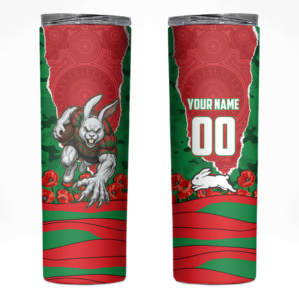 Personalized South Sydney Rabbitohs ANZAC Tribute Skinny Tumbler Poppy Field Soldier Silhouette Aboriginal Rugby Mascot