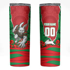 Personalized South Sydney Rabbitohs ANZAC Tribute Skinny Tumbler Poppy Field Soldier Silhouette Aboriginal Rugby Mascot