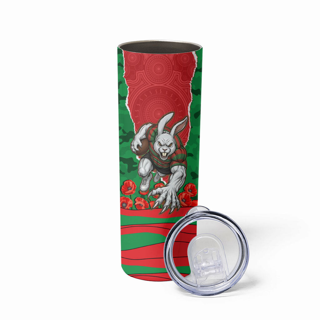 Personalized South Sydney Rabbitohs ANZAC Tribute Skinny Tumbler Poppy Field Soldier Silhouette Aboriginal Rugby Mascot