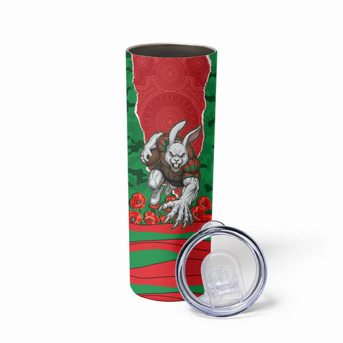 Personalized South Sydney Rabbitohs ANZAC Tribute Skinny Tumbler Poppy Field Soldier Silhouette Aboriginal Rugby Mascot