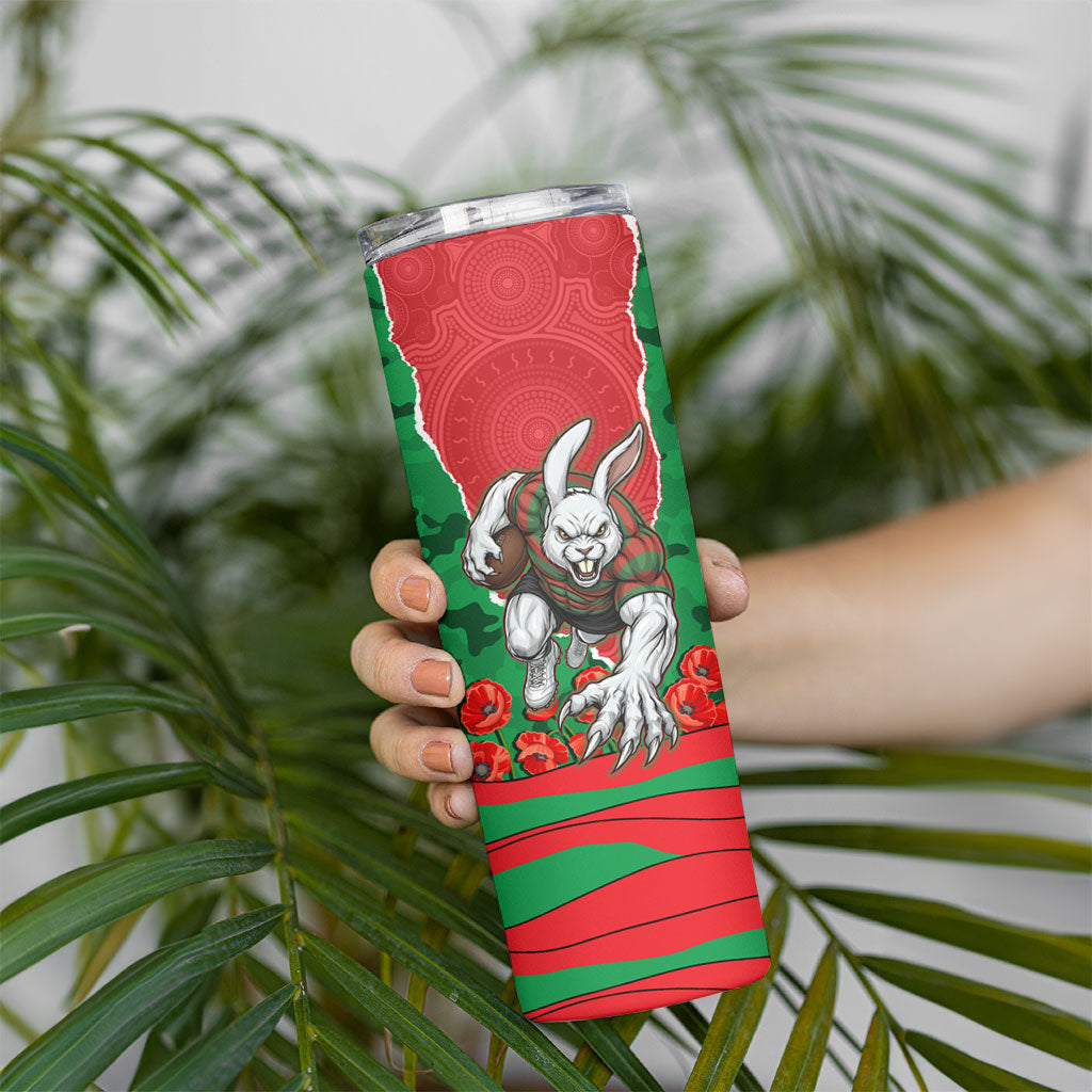 Personalized South Sydney Rabbitohs ANZAC Tribute Skinny Tumbler Poppy Field Soldier Silhouette Aboriginal Rugby Mascot