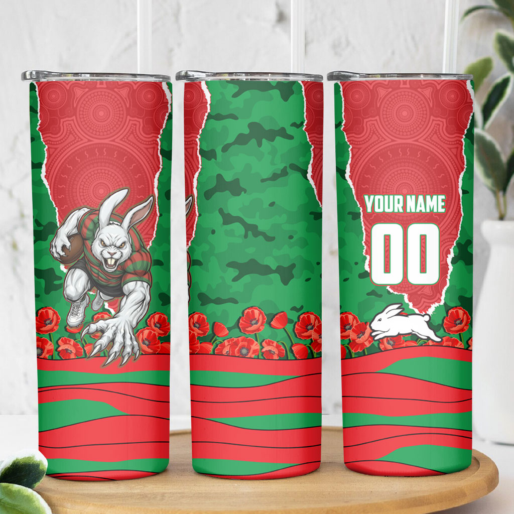 Personalized South Sydney Rabbitohs ANZAC Tribute Skinny Tumbler Poppy Field Soldier Silhouette Aboriginal Rugby Mascot