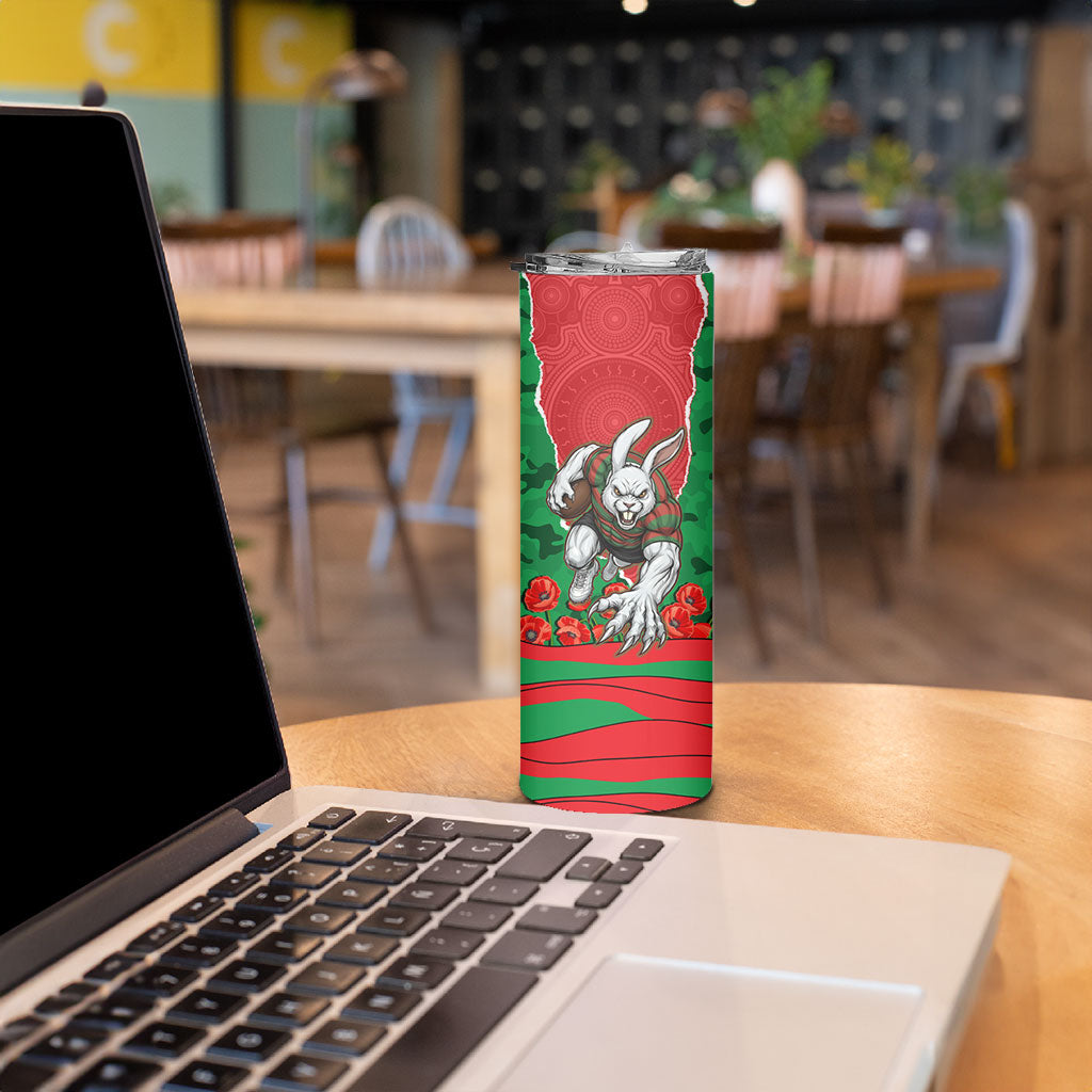 Personalized South Sydney Rabbitohs ANZAC Tribute Skinny Tumbler Poppy Field Soldier Silhouette Aboriginal Rugby Mascot