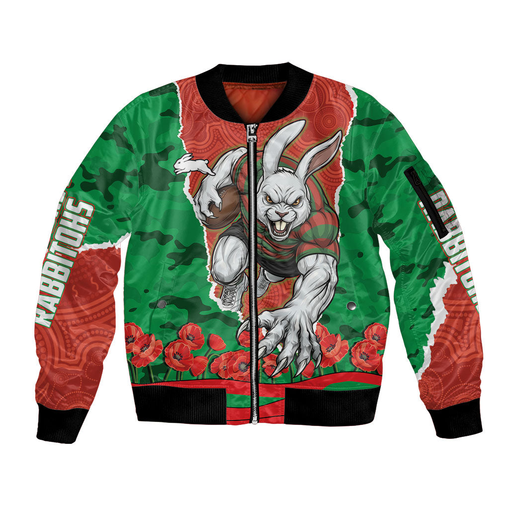 Personalized South Sydney Rabbitohs ANZAC Tribute Sleeve Zip Bomber Jacket Poppy Field Soldier Silhouette Aboriginal Rugby Mascot