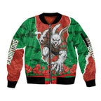 Personalized South Sydney Rabbitohs ANZAC Tribute Sleeve Zip Bomber Jacket Poppy Field Soldier Silhouette Aboriginal Rugby Mascot