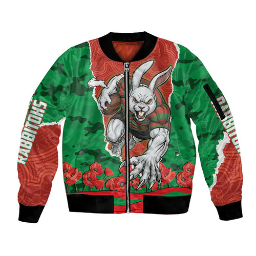 Personalized South Sydney Rabbitohs ANZAC Tribute Sleeve Zip Bomber Jacket Poppy Field Soldier Silhouette Aboriginal Rugby Mascot