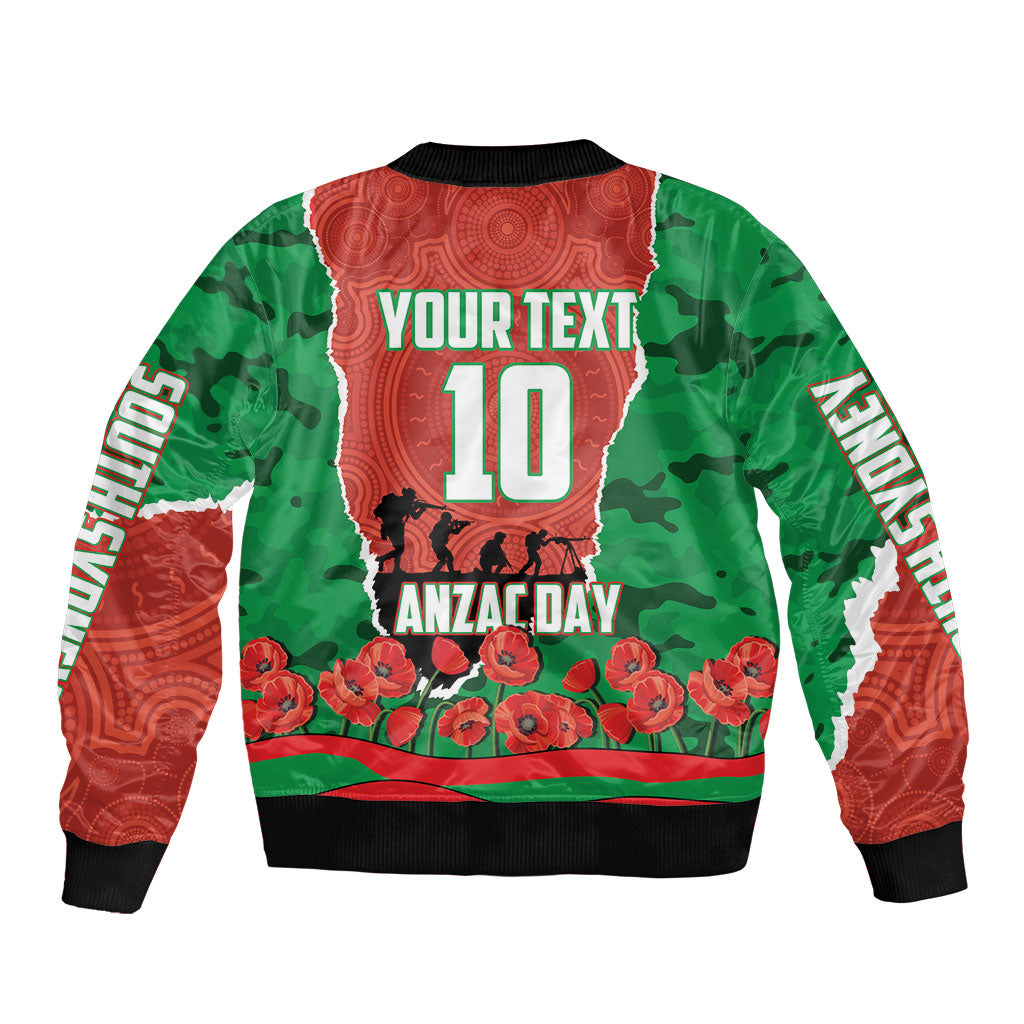 Personalized South Sydney Rabbitohs ANZAC Tribute Sleeve Zip Bomber Jacket Poppy Field Soldier Silhouette Aboriginal Rugby Mascot