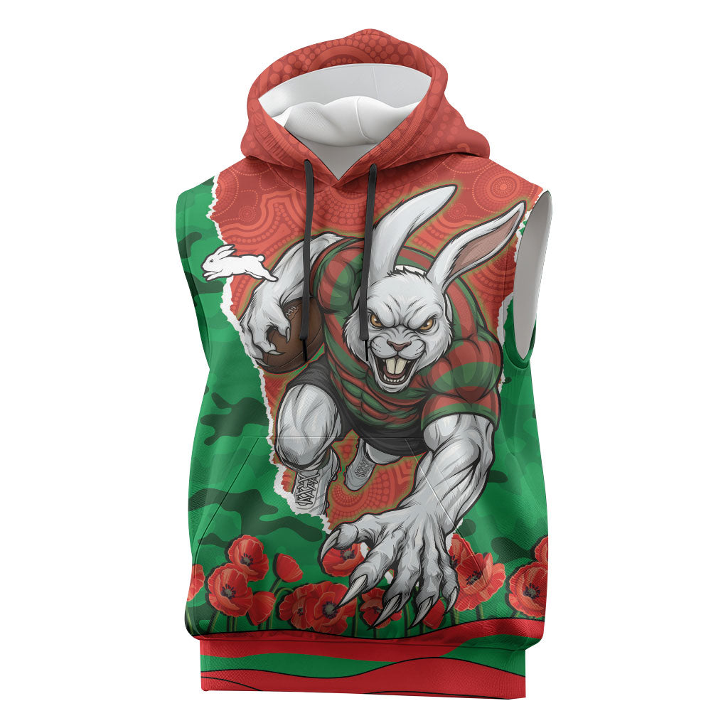 Personalized South Sydney Rabbitohs ANZAC Tribute Sleeveless Hoodie Poppy Field Soldier Silhouette Aboriginal Rugby Mascot