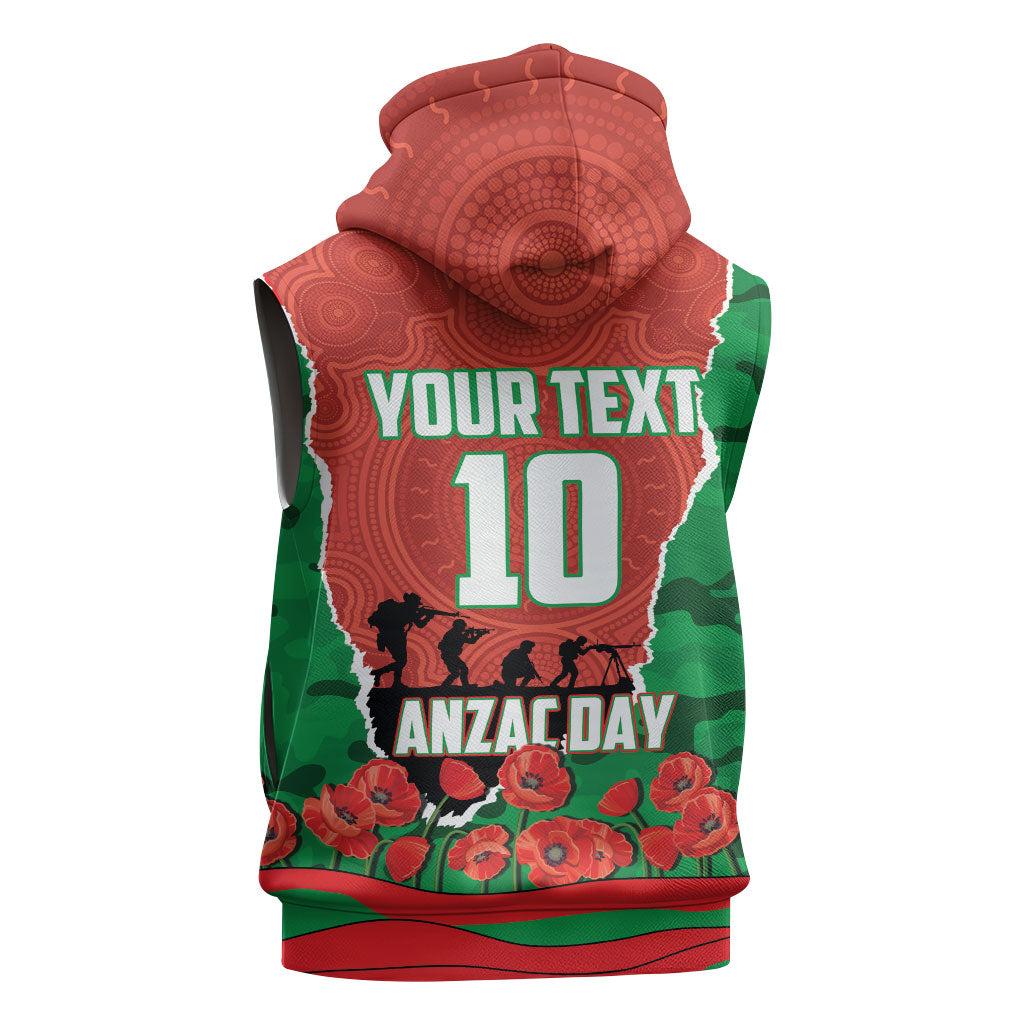 Personalized South Sydney Rabbitohs ANZAC Tribute Sleeveless Hoodie Poppy Field Soldier Silhouette Aboriginal Rugby Mascot