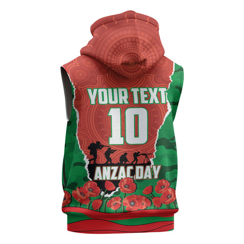 Personalized South Sydney Rabbitohs ANZAC Tribute Sleeveless Hoodie Poppy Field Soldier Silhouette Aboriginal Rugby Mascot