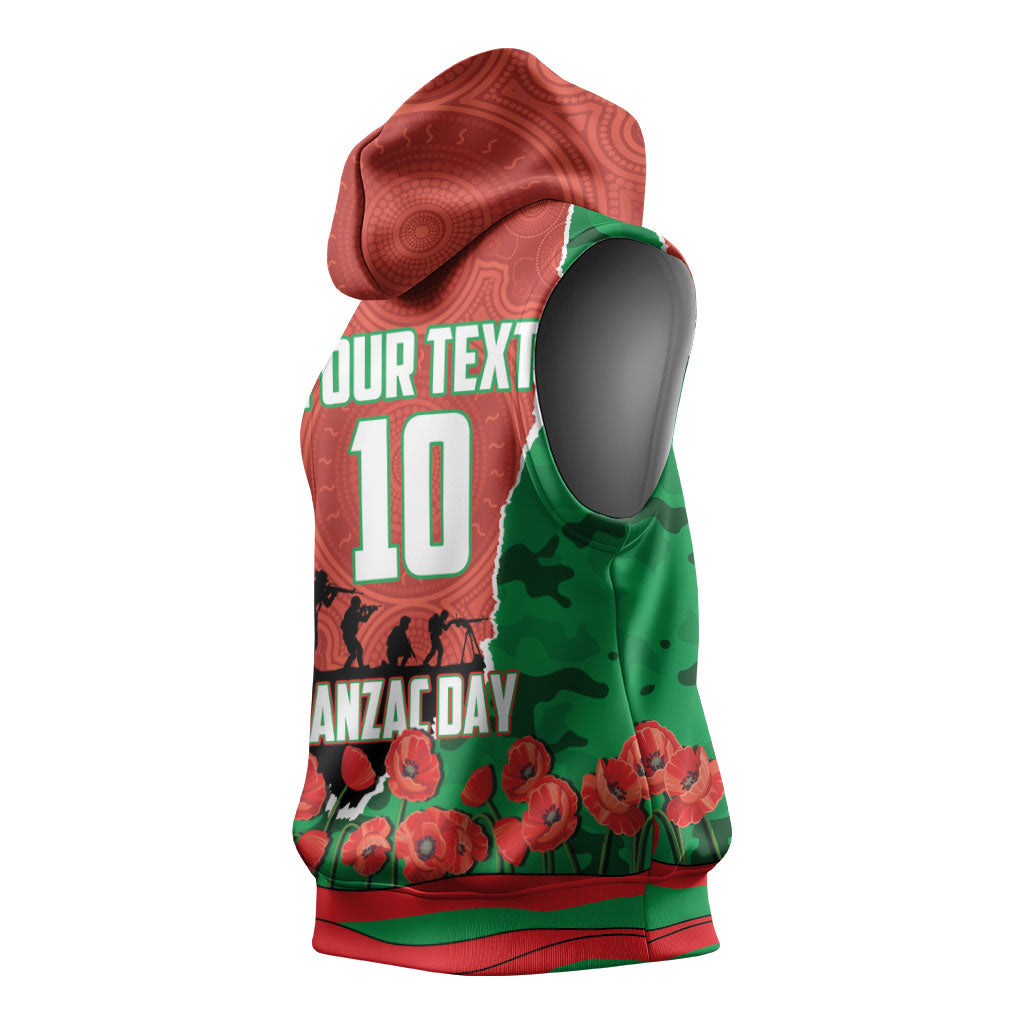 Personalized South Sydney Rabbitohs ANZAC Tribute Sleeveless Hoodie Poppy Field Soldier Silhouette Aboriginal Rugby Mascot