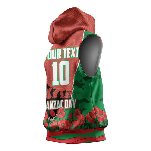Personalized South Sydney Rabbitohs ANZAC Tribute Sleeveless Hoodie Poppy Field Soldier Silhouette Aboriginal Rugby Mascot