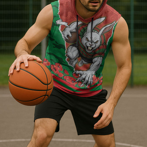 Personalized South Sydney Rabbitohs ANZAC Tribute Sleeveless Hoodie Poppy Field Soldier Silhouette Aboriginal Rugby Mascot