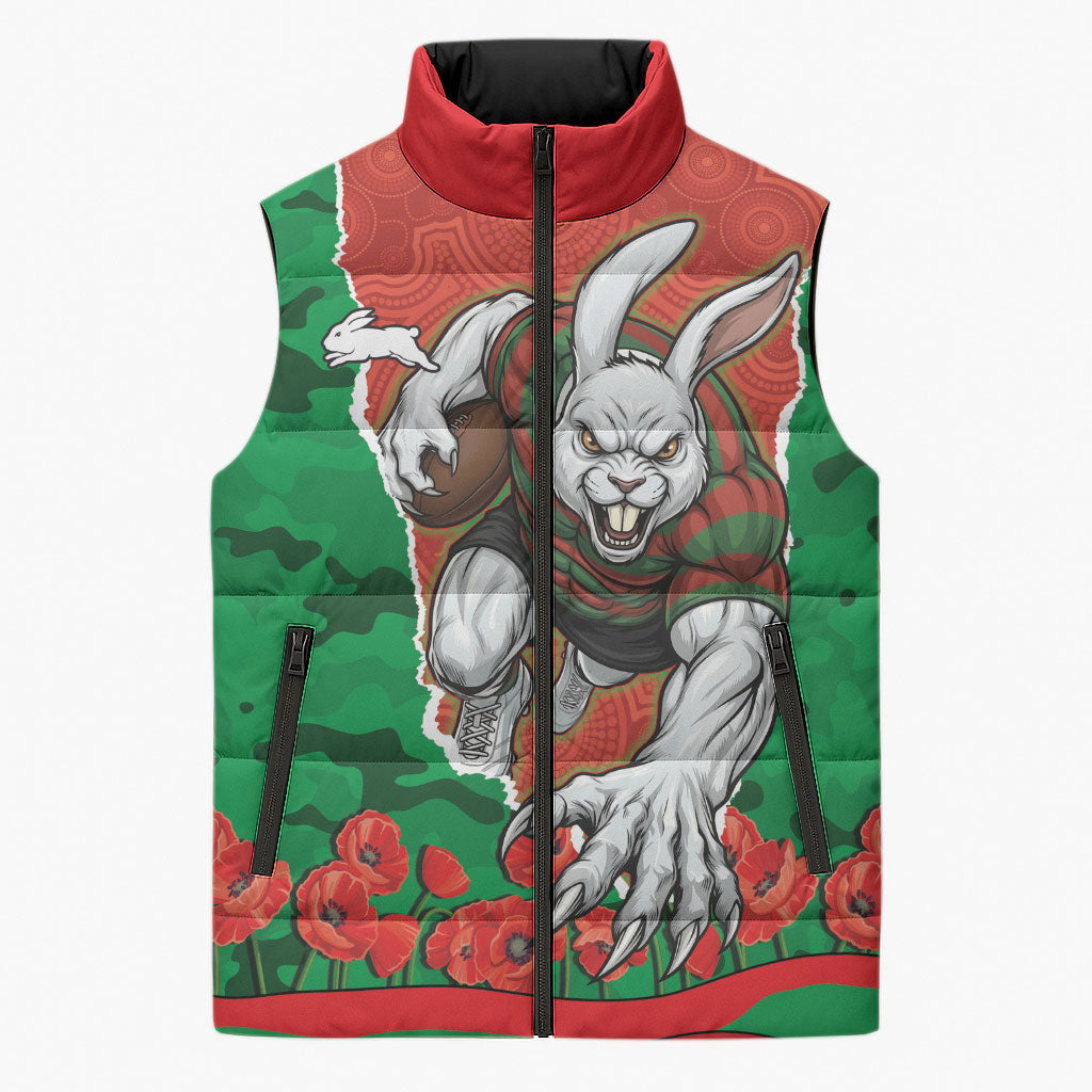 Personalized South Sydney Rabbitohs ANZAC Tribute Sleeveless Puffer Jacket Poppy Field Soldier Silhouette Aboriginal Rugby Mascot