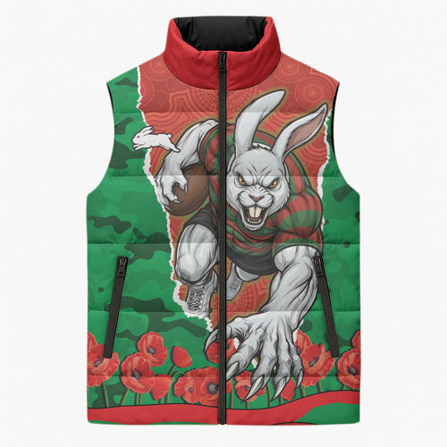 Personalized South Sydney Rabbitohs ANZAC Tribute Sleeveless Puffer Jacket Poppy Field Soldier Silhouette Aboriginal Rugby Mascot