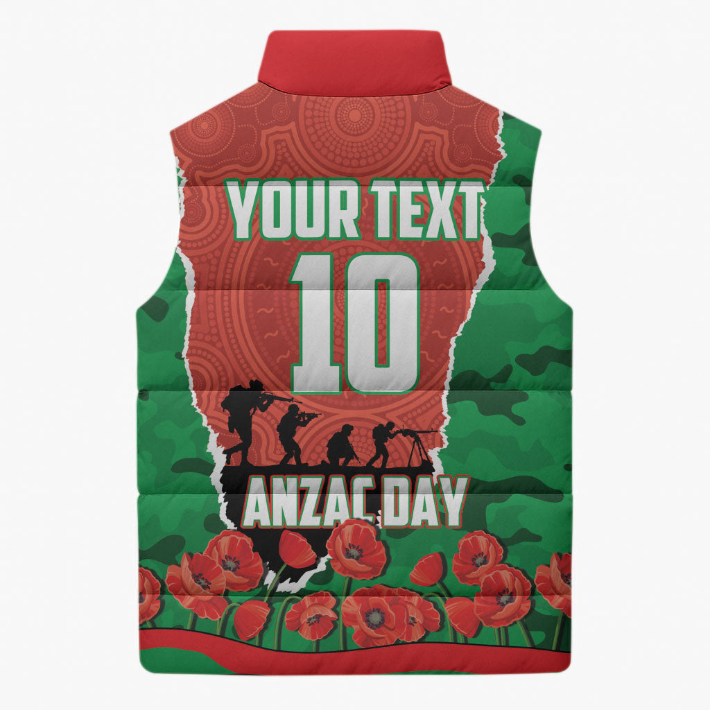 Personalized South Sydney Rabbitohs ANZAC Tribute Sleeveless Puffer Jacket Poppy Field Soldier Silhouette Aboriginal Rugby Mascot