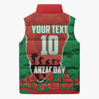 Personalized South Sydney Rabbitohs ANZAC Tribute Sleeveless Puffer Jacket Poppy Field Soldier Silhouette Aboriginal Rugby Mascot