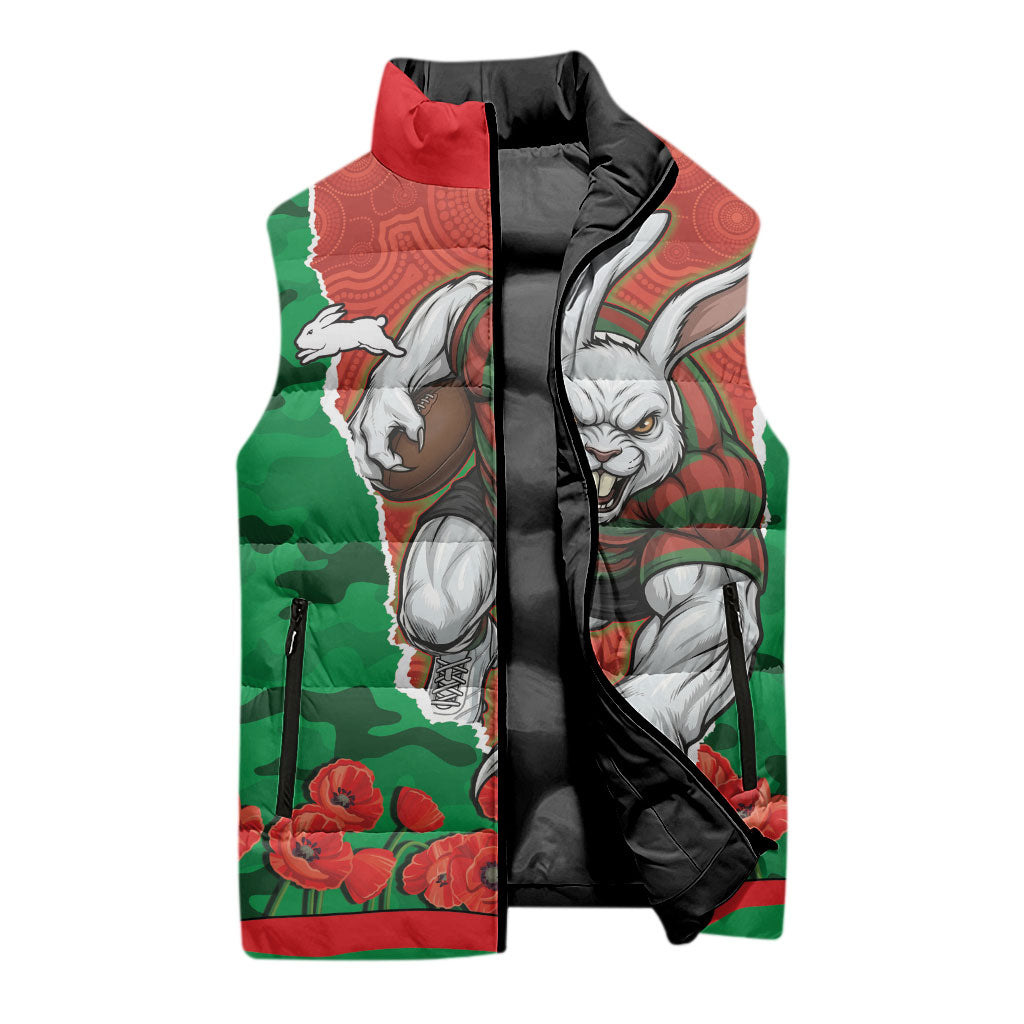 Personalized South Sydney Rabbitohs ANZAC Tribute Sleeveless Puffer Jacket Poppy Field Soldier Silhouette Aboriginal Rugby Mascot