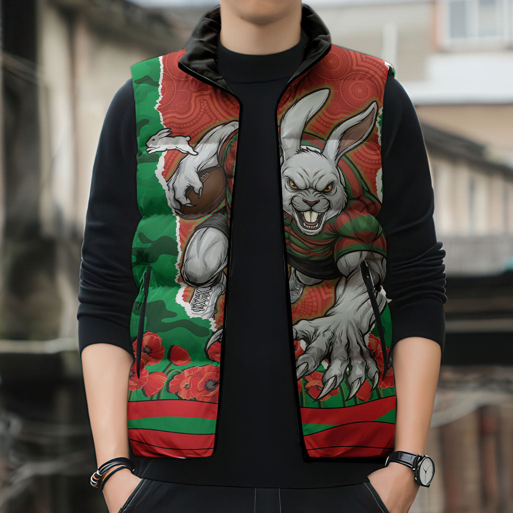 Personalized South Sydney Rabbitohs ANZAC Tribute Sleeveless Puffer Jacket Poppy Field Soldier Silhouette Aboriginal Rugby Mascot