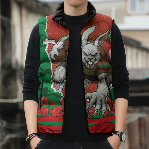 Personalized South Sydney Rabbitohs ANZAC Tribute Sleeveless Puffer Jacket Poppy Field Soldier Silhouette Aboriginal Rugby Mascot